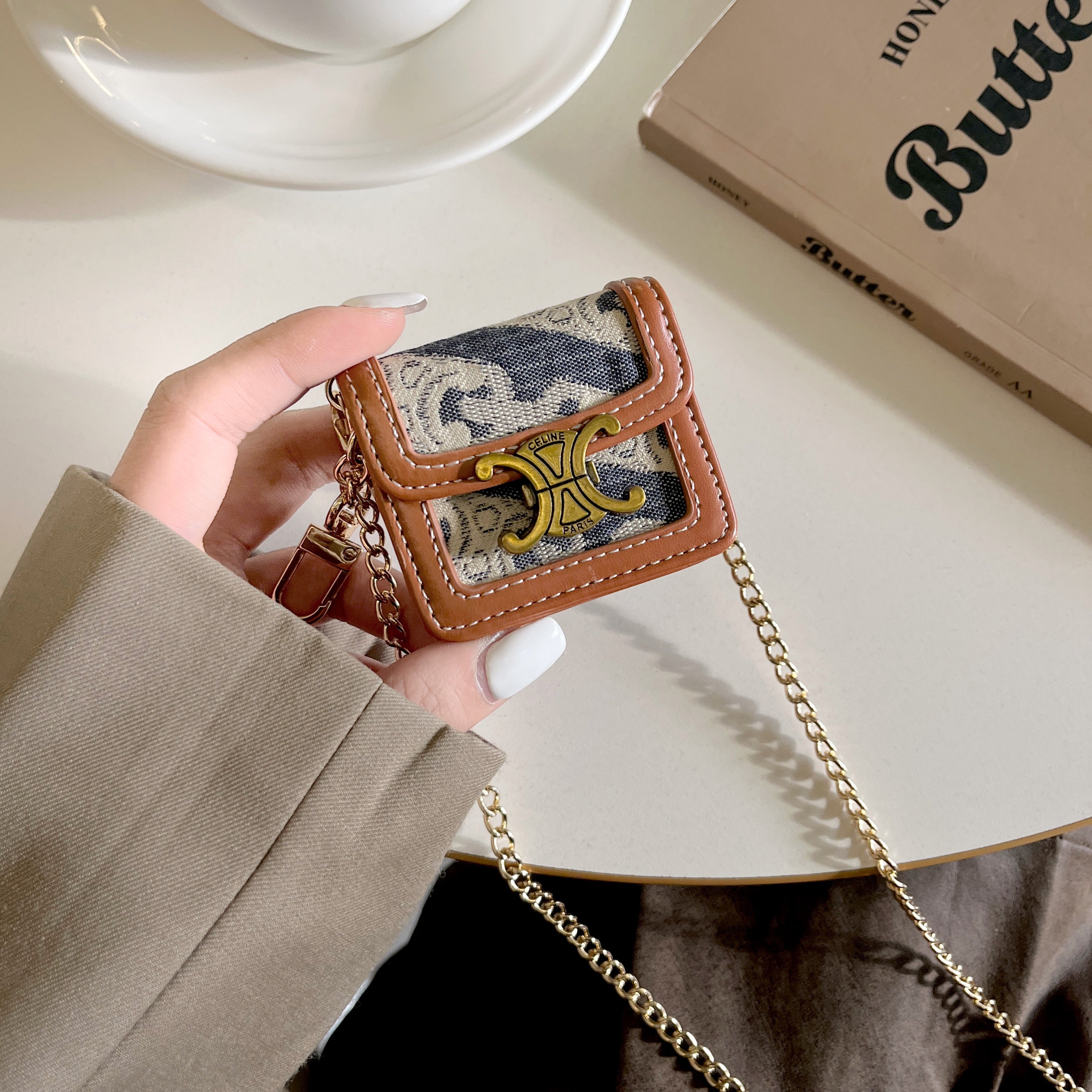 Luxury Leather Keychain AirPods Case with Gold Hardware