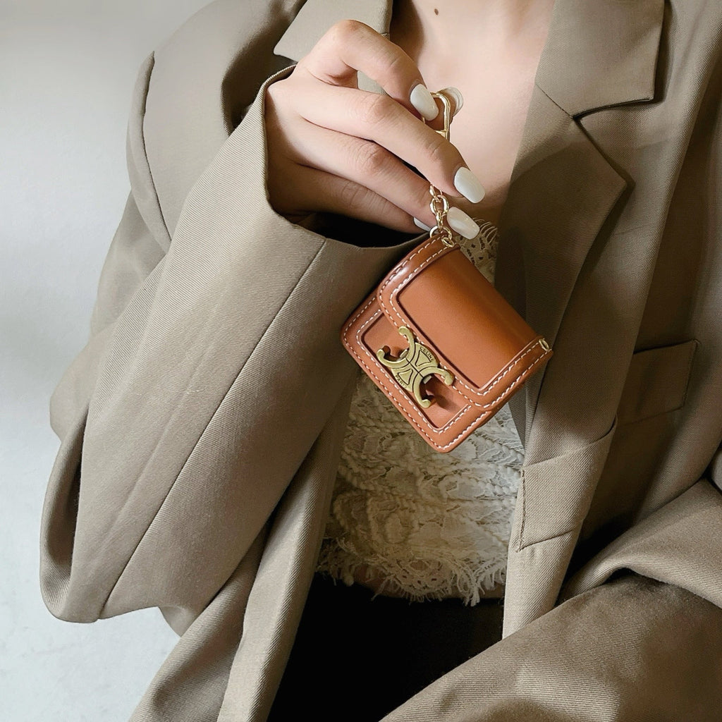 Luxury Leather Keychain AirPods Case with Gold Hardware