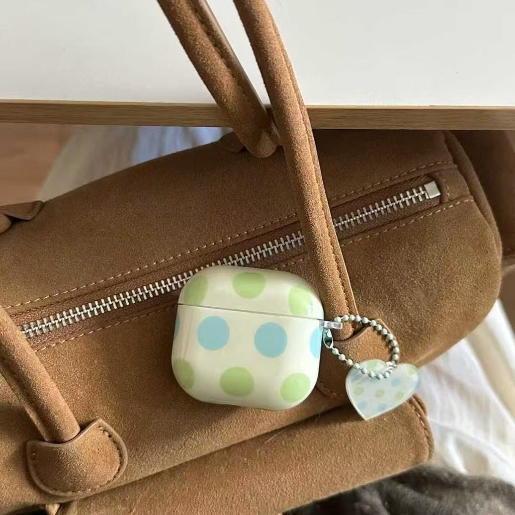 Polka Dot AirPods Case with Heart Charm – Pastel Blue & Green