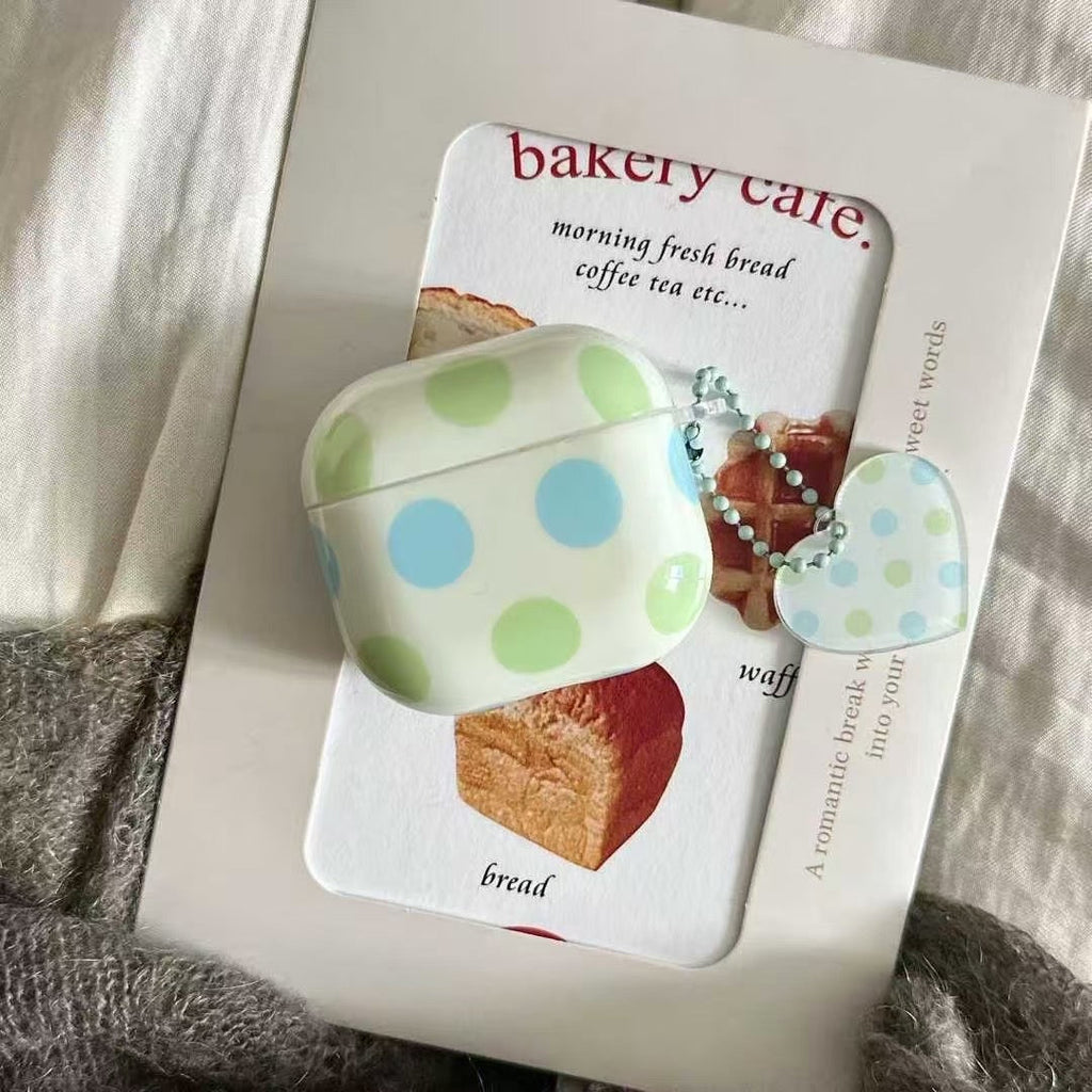 Polka Dot AirPods Case with Heart Charm – Pastel Blue & Green