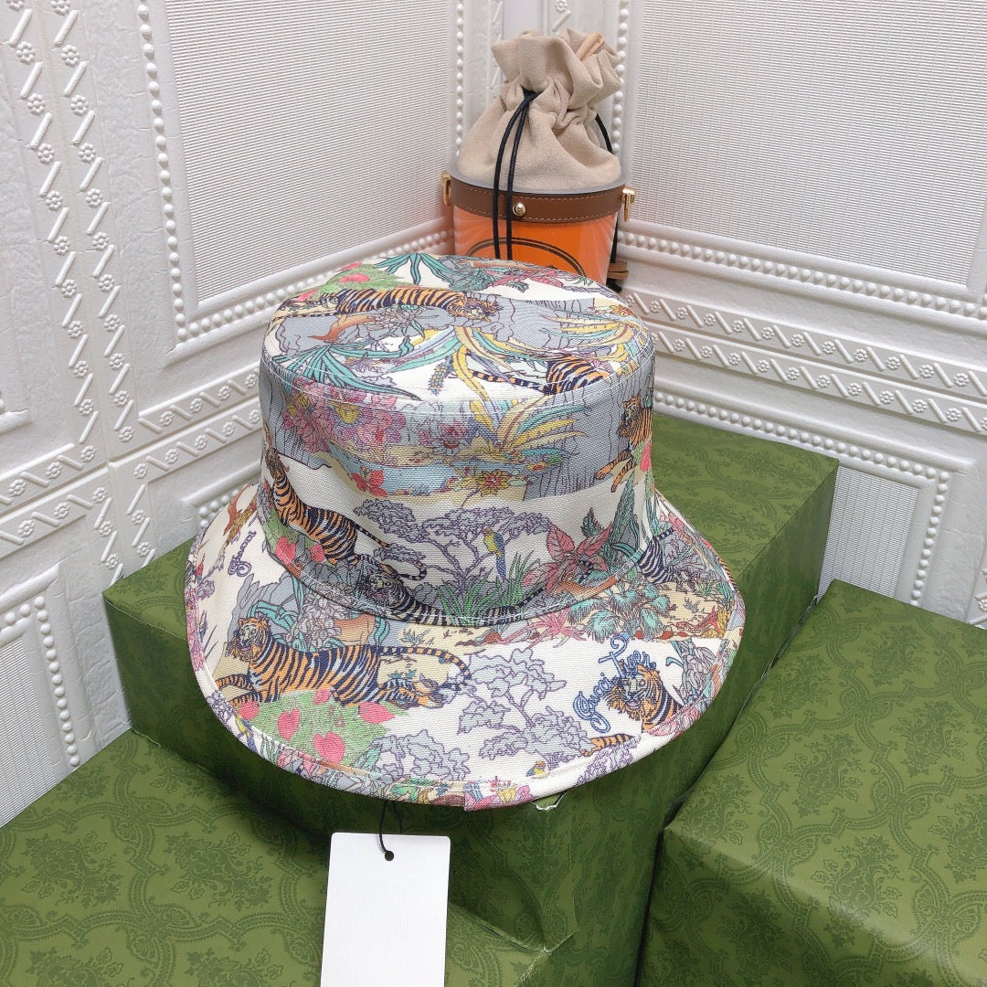 Klassisk blomstret Tiger Bomuld Bucket Hat | Luksus designer botanisk bøttehat