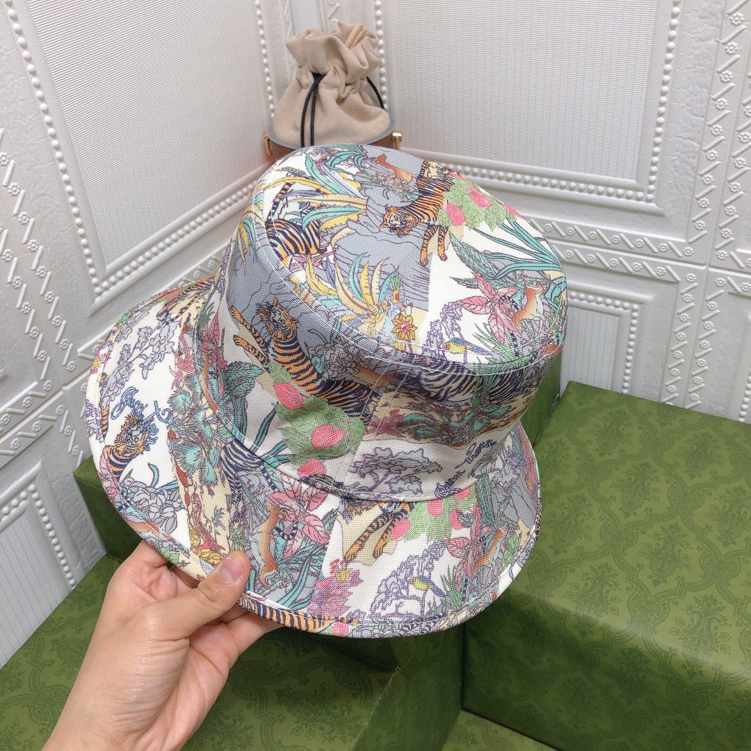 Klassisk blomstret Tiger Bomuld Bucket Hat | Luksus designer botanisk bøttehat