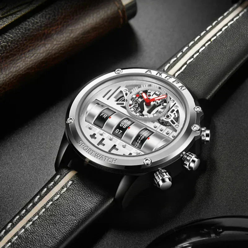 Stylish Quartz Men's Watch with Unique Rotating Date and Leather Strap - Military-Inspired Casual Timepiece
